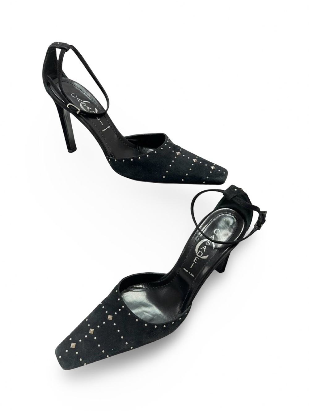Casadei Black Studded Pointed-Toe Ankle-Strap‎ Pumps, 8
